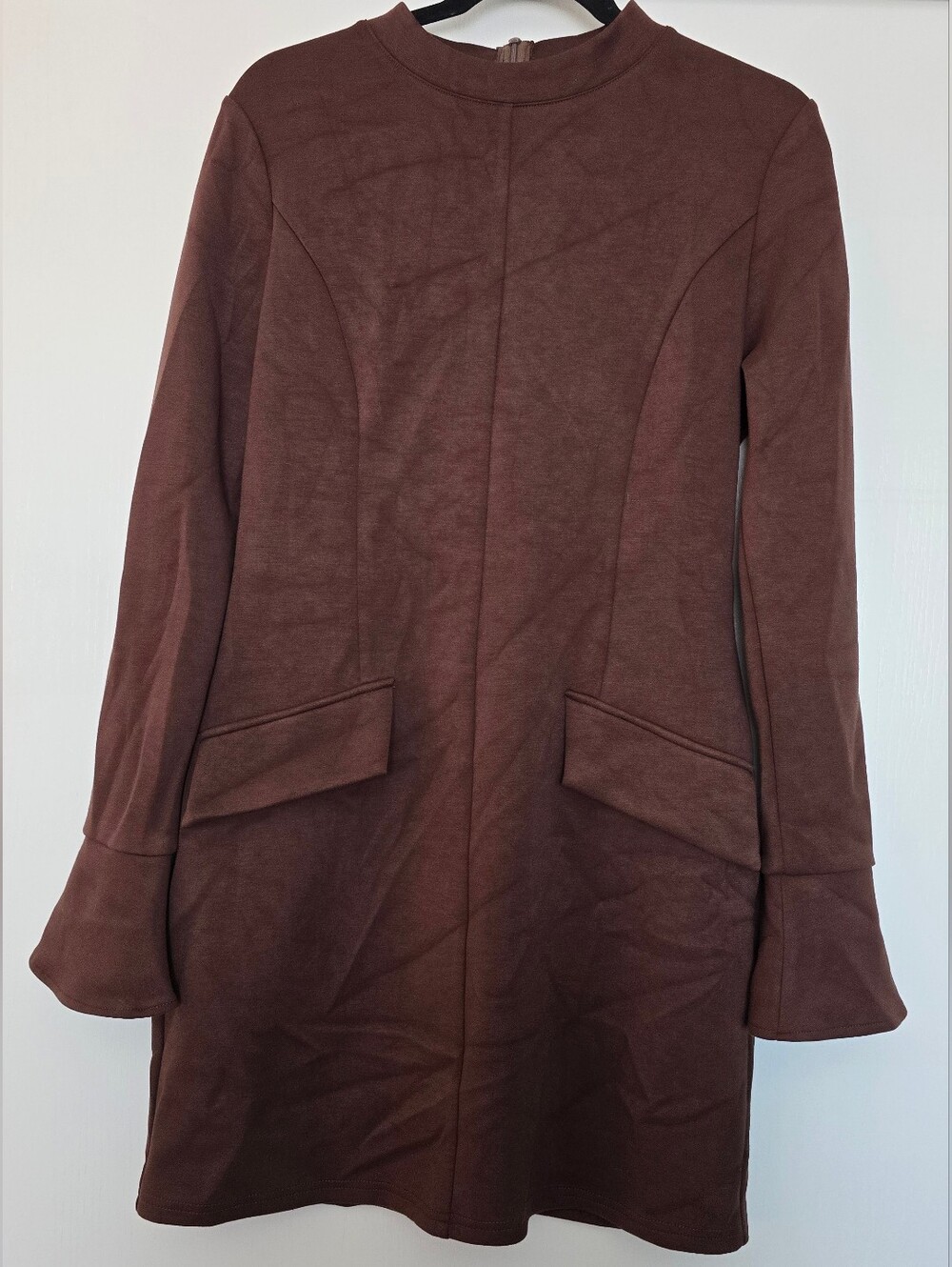Ofeefan - Chocolate Brown Mock Neck Long Bell-Sleeve Dress W Faux Pockets Detail
